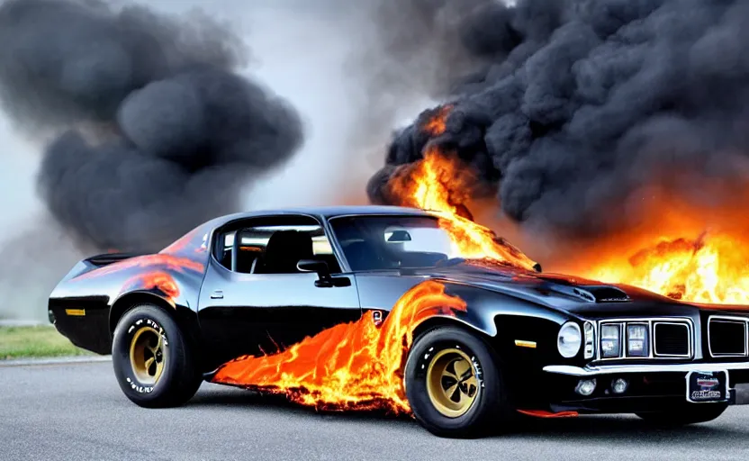 Image similar to a black 1 9 7 3 pontiac firebird trans am sd - 4 5 5 driving high speed, fire explosion in the background, action scen. realistic. dramatic