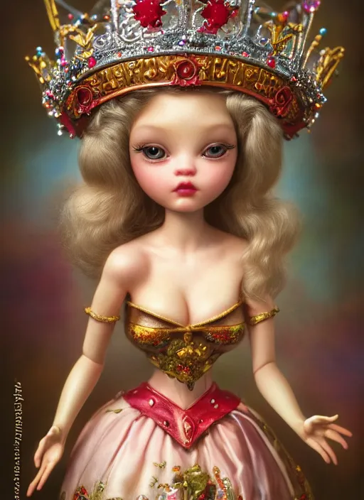 Image similar to highly detailed closeup, profile portrait of a tin toy fairytale princess wearing a crown, bikini, unreal engine, nicoletta ceccoli, mark ryden, earl norem, lostfish, global illumination, detailed and intricate environment