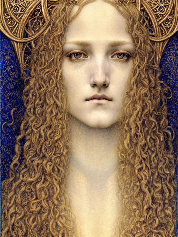 Image similar to detailed realistic beautiful young medieval queen face portrait by jean delville, gustave dore and marco mazzoni, art nouveau, symbolist, visionary, gothic, pre - raphaelite. horizontal symmetry