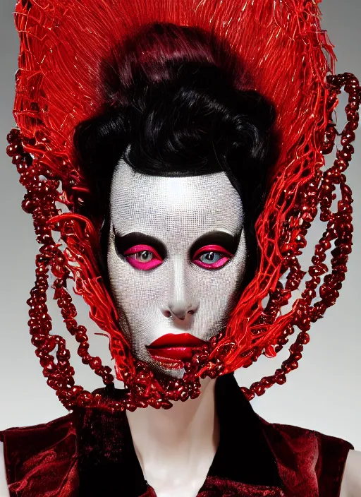 Image similar to an 8 0 s portrait of a woman with dark eye - shadow and red lips with dark slicked back hair, a high fashion mask made of wire and beads, dreaming acid - fueled hallucinations, psychedelic by serge lutens, rolf armstrong, delphin enjolras, peter elson, red cloth background, frilled blooming collar, alexander mcqueen