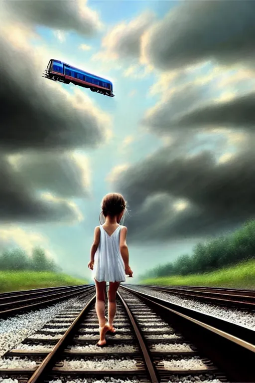 Image similar to on reflective water a barefoot girl carries her shoes, underwater train tracks, there is a train station in the distance and large white clouds on a wide horizon, intricate, elegant, highly detailed, digital photo, artstation, concept art, smooth, sharp focus, low angle photo, art by artgerm and greg rutkowski and fra angelico