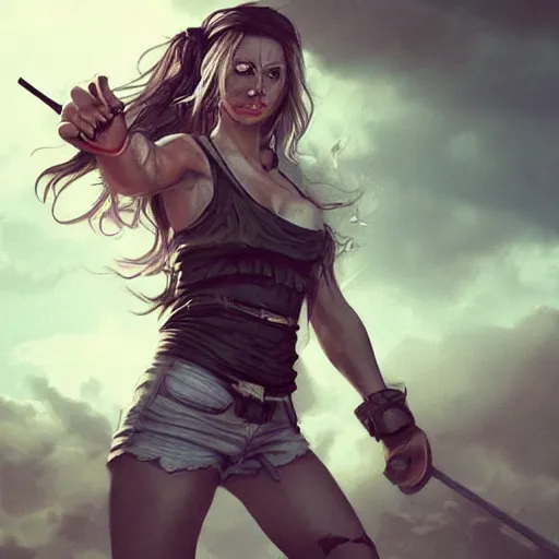 Image similar to a strong young pirate woman in a sleeveless vest, mid twenties, angry, black lines running up her arms like veins, fighting, storm clouds in the background, long dark hair, character art, full body art, Dungeons and Dragons, D&D, trending on artstation, artgerm, 4k ultra hd, sharp focus, digital art by Ilya Kuvshinov and Ross Tran,