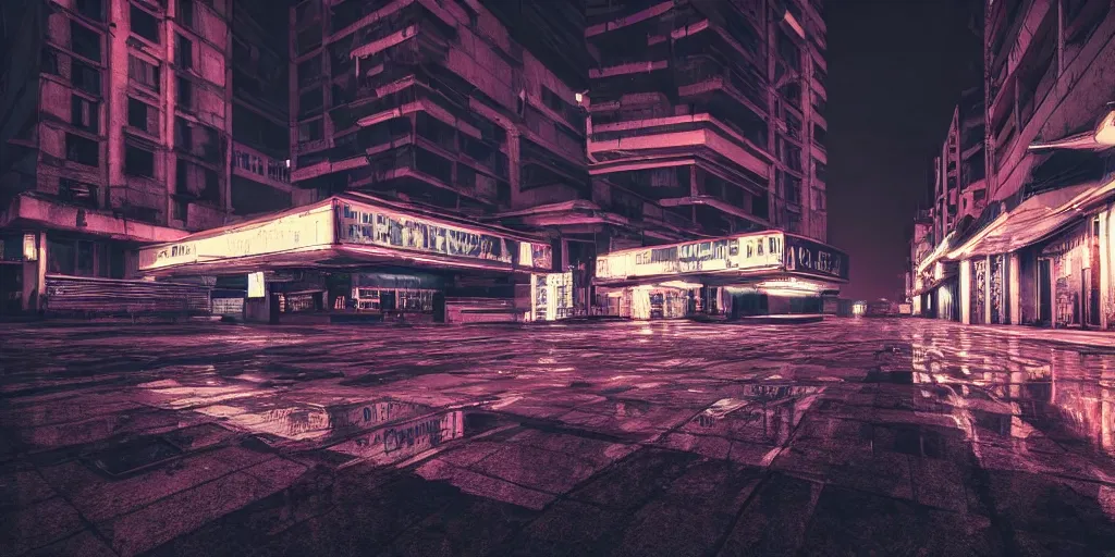 Image similar to Belgrade at night in cyberpunk style, brutalist architecture, neon lights, ultra realistic, highly detailed, HD, sharp focus, cinematic lighting, realistic, vivid colors, photo, film, non blurry, sharp