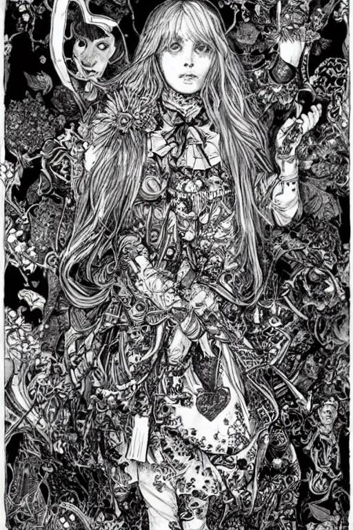 Image similar to Hippy Alice in wonderland tarot card , pen and ink, intricate line drawings, by Yoshitaka Amano, Ruan Jia, Kentaro Miura, Artgerm, watercolor