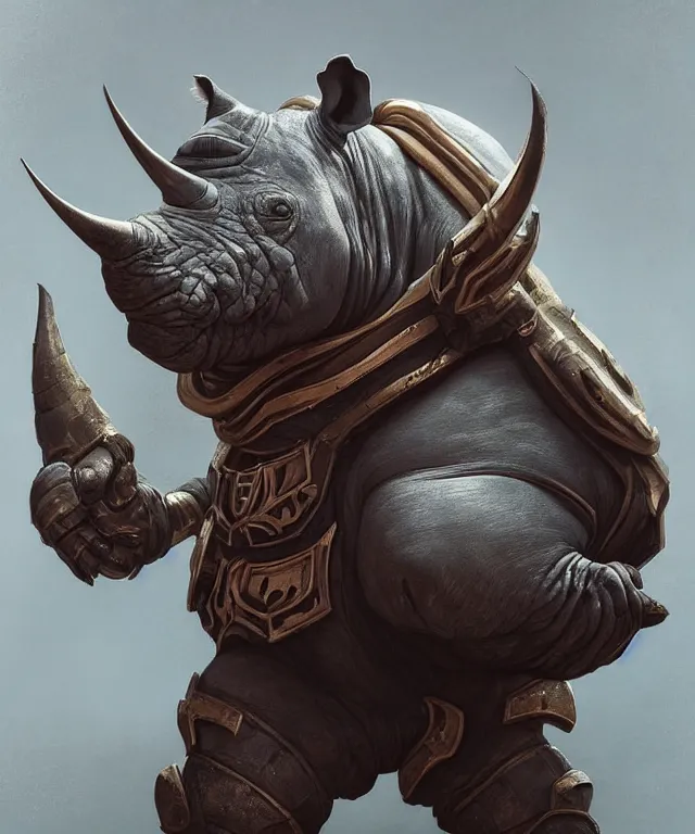 Image similar to A beautiful portrait of an anthropomorphic rhino wearing paladin armor, front facing!!, character design, by Pixar style by Tristan Eaton_Stanley Artgerm and Tom Bagshaw, hyper realism, high detail, trending on artstation, unreal engine 5, Lumen, 8k, 38mm photography