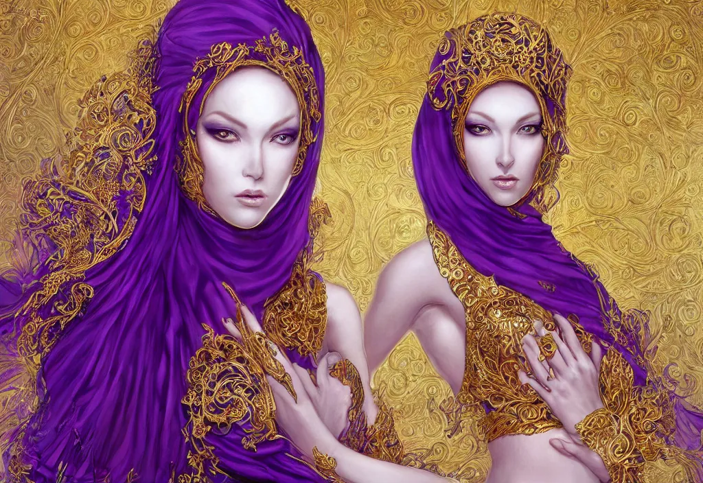 Image similar to a beautiful woman wearing a white niqab made of silk with golden jewelry and diamonds by alex gray and android jones, ornate purple background, karol bak, ayami kojima, arabian, concept art, fantasy,