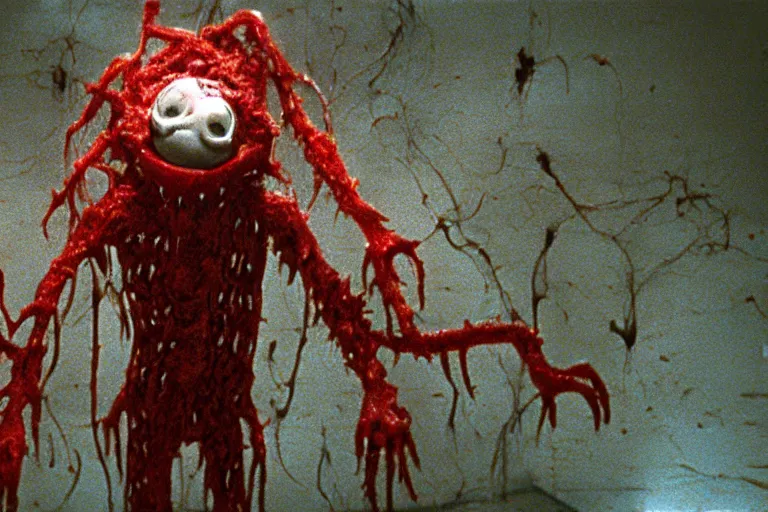 Image similar to filmic wide shot angle movie still 35mm film color photograph of a shape shifting horrific nightmarish abstract organism from The Thing 1982 with multiple limbs and heads decapitating a doctor with splattering blood in the style of a horror film