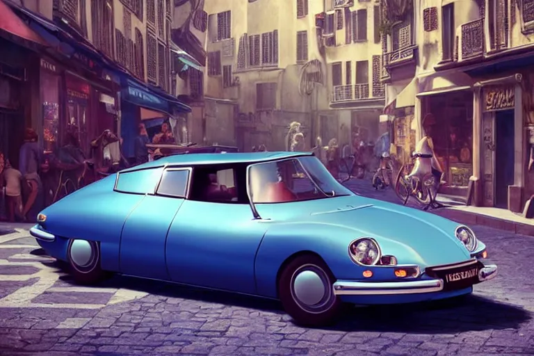 Image similar to a wholesome animation key shot of!! one!! focused!! 1 9 7 4 citroen ds!! in a paris street, medium shot, studio ghibli, ( pixar ) and disney animation, sharp, very detailed, high resolution, rendered in unreal engine 5, anime key art by greg rutkowski, bloom, dramatic lighting