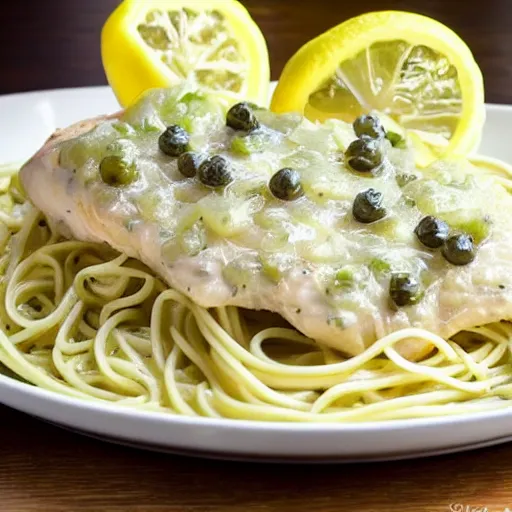 Prompt: photograph of Chicken Piccata with angel hair noodles, lemons, creamy sauce and capers from Cheesecake Factory