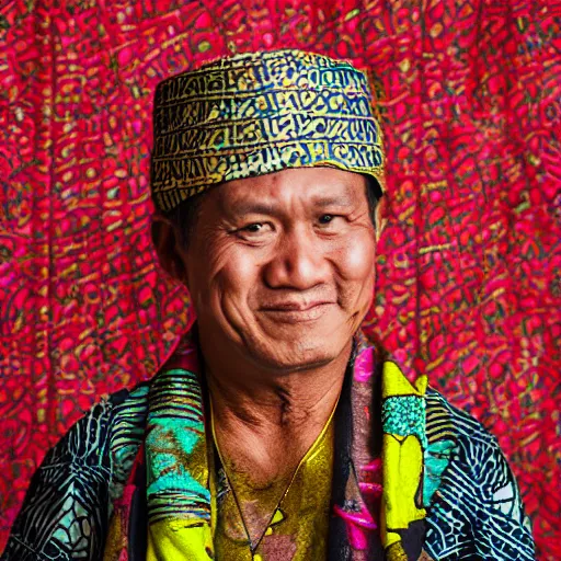 Image similar to A Portrait Photo of Trump wearing batik from Indonesia, award winning photography, sigma 85mm Lens F/1.4, blurred background, perfect faces