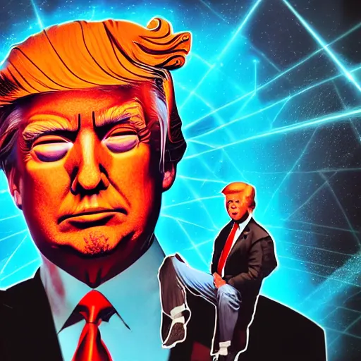 Image similar to the portrait donald trump with laser eyes, an ultrafine detailed illustration by james jean, final fantasy, intricate linework, bright colors, behance contest winner, vanitas, angular, altermodern, unreal engine 5 highly rendered, global illumination, radiant light, detailed and intricate environment