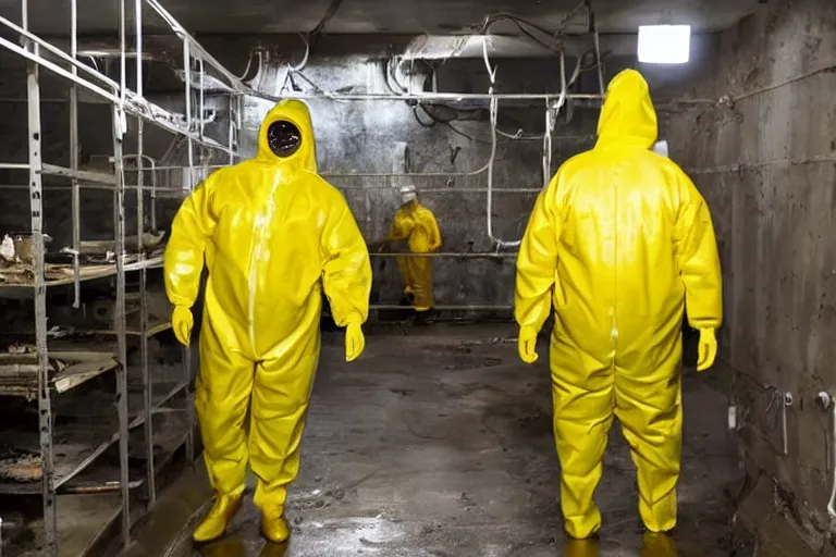 Prompt: a single man in a yellow hazmat suit looks on helplessly as a giant drippy meat monster grows out of control in a creepy bunker science lab