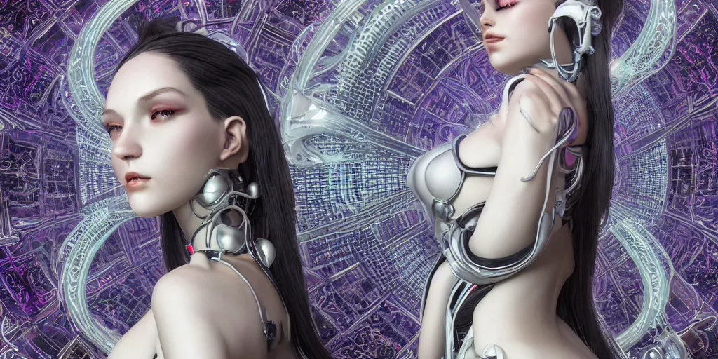 Image similar to symmetrical feminine cyborg goddess rendered in Cinema 4D and Octane and Unreal Engine 5, elegant cybernetic body and ornate futuristic outfit, glowing white neon eyes, platinum and obsidian flowing long hair, art by Artgerm, Beeple and Alphonse Mucha, hyperrealism, full body photogenic shot, digital render, cinematic lighting ornate earrings, 8k resolution, masterpiece work