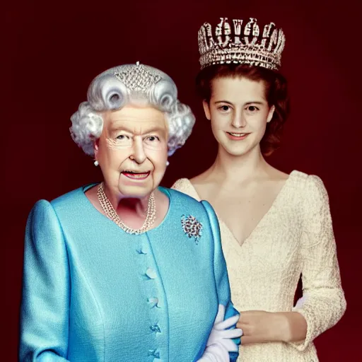 Image similar to A portrait photo of queen elizabeth teams up with a teenage queen elizabeth, perfect faces, 50 mm, award winning photography