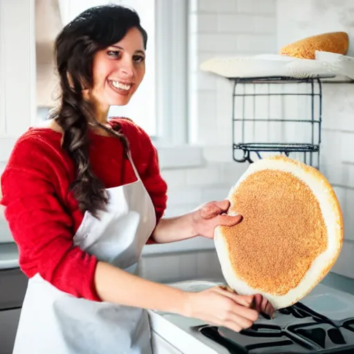 Prompt: modern oil painting of a happy woman with dark curly hair making sourdough in a bright kitchen