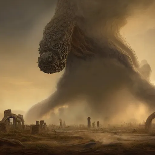 Image similar to Giant smoke monster coming out of the ground, thick swirling smoke, Nyarlathotep, Tentacles, mist, dramatic lighting, Byzantine ruins, surrounded by priests, desert, cinematic, trending on artstation