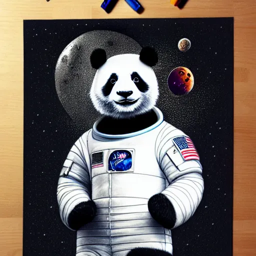 Image similar to a very detailed pencil drawing of a panda wearing an astronaut suit in space 4 k, high resolution, still, landscape, hd, dslr, hyper realistic, sketch