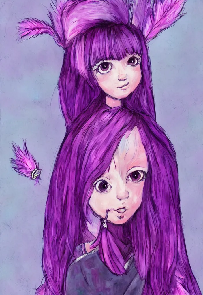 Image similar to little girl with eccentric pink hair wearing a dress made of purple feather, art by dcwj