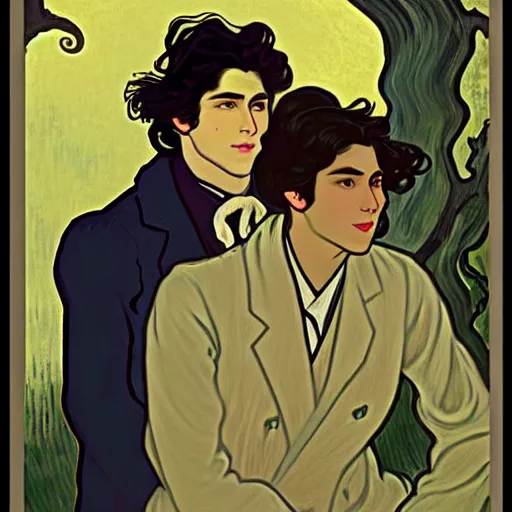 Image similar to painting of young cute handsome beautiful dark medium wavy hair man in his 2 0 s named shadow taehyung and cute handsome beautiful min - jun together at the graveyard party, ghostly, haunted gravestones, ghosts, autumn! colors, elegant, wearing suits!, clothes!, stylish, delicate facial features, art by alphonse mucha, vincent van gogh, egon schiele