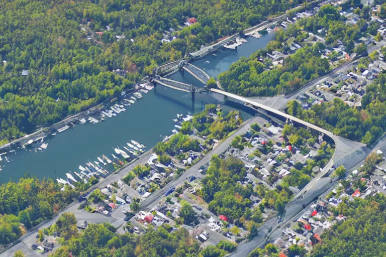 Prompt: bird's eye view of a small city with woods, trailer park, a road, bridge, and lagoon with docking area.