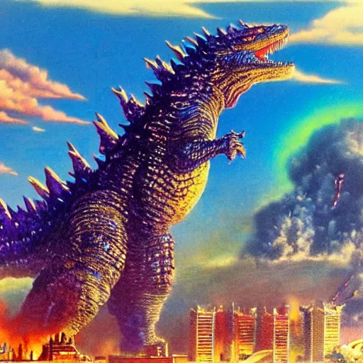 Prompt: godzilla attacking a city, vibrant colors, colorful clouds, gorgeous lighting, bruce pennington