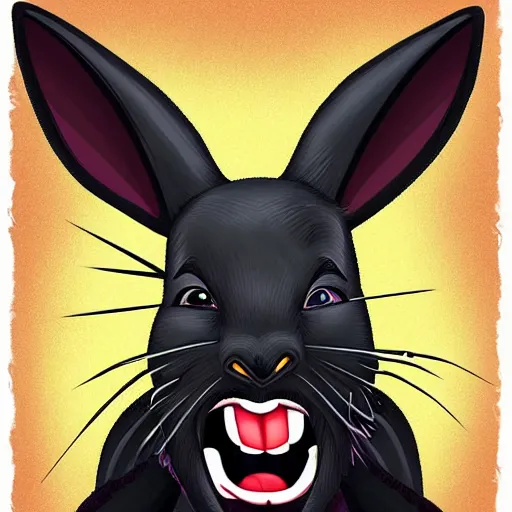 Image similar to A extremely highly detailed majestic hi-res beautiful, highly detailed head and shoulders portrait of a scary terrifying, horrifying, creepy black cartoon rabbit with scary big eyes, earing a shirt laughing, hey buddy, let's be friends, in the style of Walt Disney