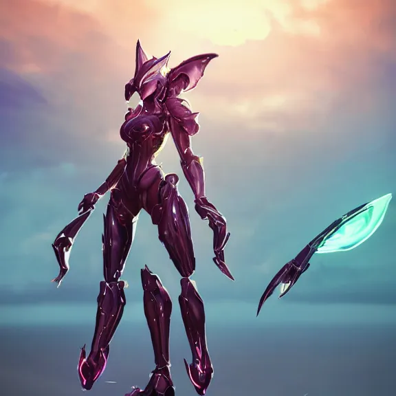 Image similar to cinematic full body shot of a beautiful stunning saryn prime warframe, that's a beautiful stunning anthropomorphic robot female dragon with metal cat ears, cute elegant pose, standing on teh beach at sunset, robot cat paws for feet, thick warframe legs, detailed arms, sharp claws, slick pink armor, streamlined white armor, long elegant tail attached to her back end, two arms, two legs, detailed warframe fanart, destiny fanart, macro art, dragon art, furry art, realistic digital art, warframe art, Destiny art, furaffinity, DeviantArt, artstation, 3D realistic, 8k HD, octane render