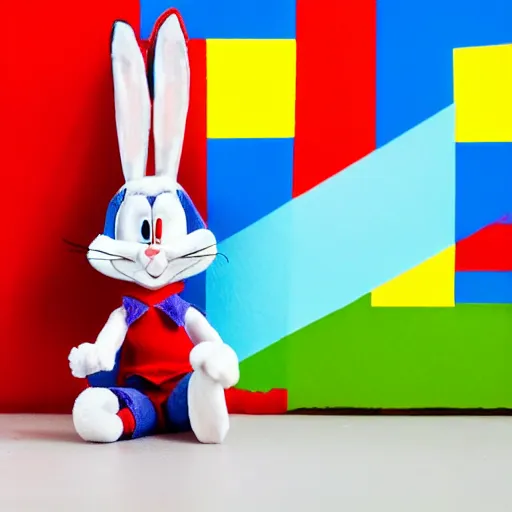 Image similar to photo of a bugs bunny toy sitting infront of a red wall with blue stripes.