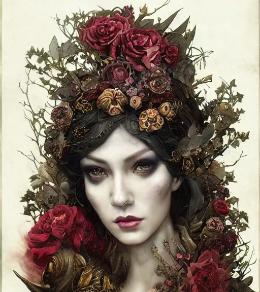 Image similar to portrait of the supreme queen of the blood cult, surrounded by skulls and overgrowth and dark flowers by karol bak, Akihiko Yoshida, Yoshitaka Amano,Marc Simonetti, WLOP, James Jean!, tom bagshaw, rococo, trending on artstation, fantasy magic fashion queen, glossy eyes, face, elegant, highly detailed, digital painting, concept art, smooth, sharp focus, illustration, cinematic lighting, hyper realism, octane render, 8k, hyper detailed.