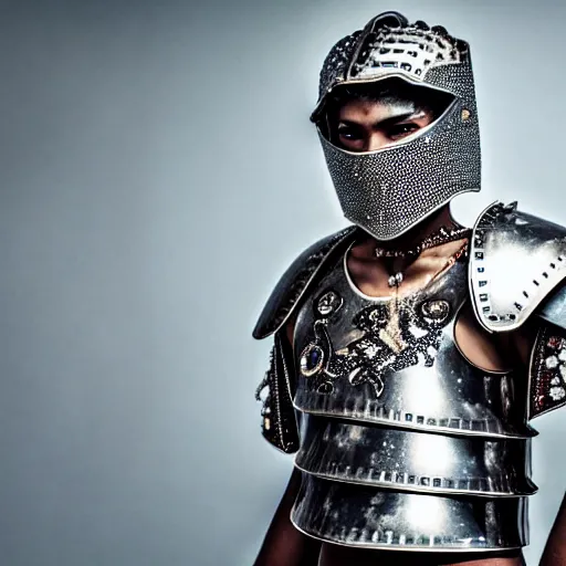 Prompt: photo of a real-life beautiful warrior with diamond encrusted armour