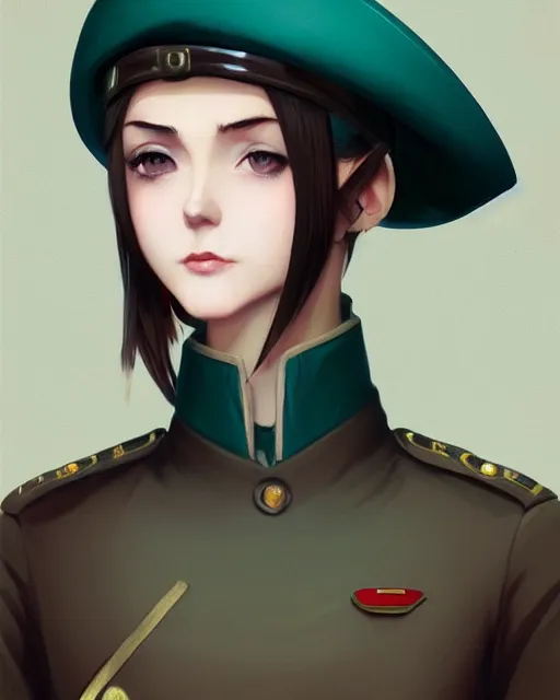 Prompt: young woman with shoulder length light brown hair and hazel eyes dressed in a sharp dark teal military uniform and beret, smiling, ilya kuvshinov, greg rutkowski, guweiz, ross tran, svetlana tigai, artgerm, loish, artstation trending, concept art, digital painting