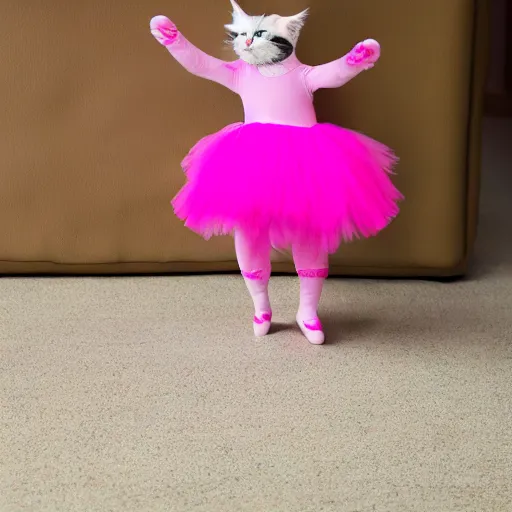 Image similar to a cat wearing a pink ballerina costume, 4 k