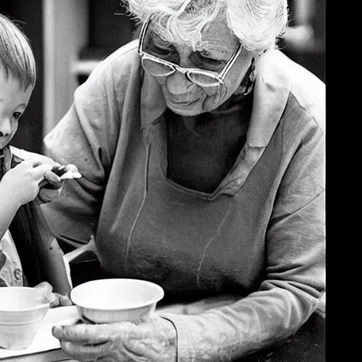 Image similar to “ old lady feeding crayons to child ”