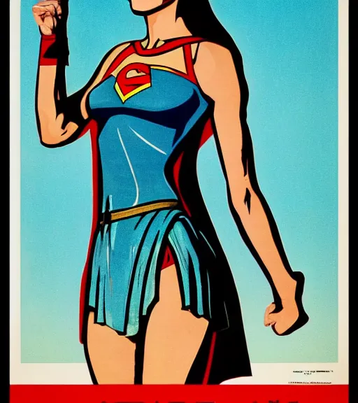 Prompt: Gal gadot posting for a Soviet Line of clothing in a Soviet propaganda realistic poster