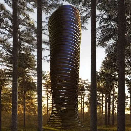 Prompt: Hyper realistic, helix shaped tower made by corten in forest, Future design, wide angle shot, architecture design, parametric architecture, environment, sunset, Cinematography, mega scans, cinematic, hyper realistic, photo real, cinematic composition, highly detailed, extremely realistic, vray, 8k render
