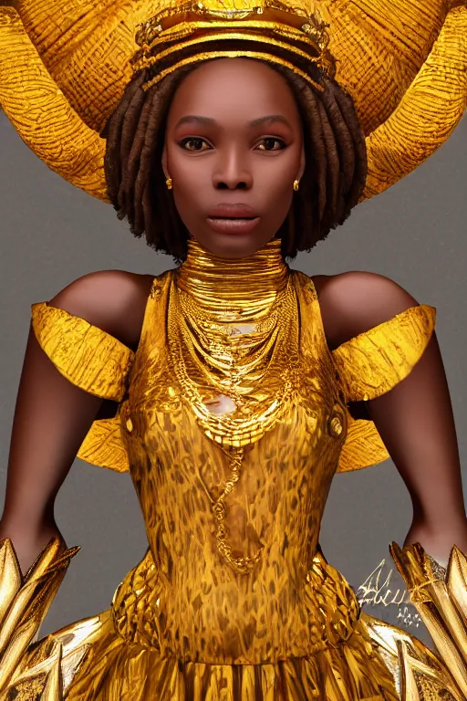 Prompt: a photorealistic portraitof a detailed african queen wearing a golden dress during her coronation worship, tarot, religious, backlit, hyperrealistic, ultrawide angle, smooth, texture, intricate, fantasy, trending on artstation, volumetric lighting, hyperdetailed, 3 d sculpture, unreal engine