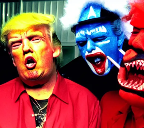 Prompt: color photo still of donald trump lead singer music group insane clown posse icp, live performance