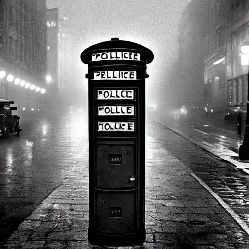 Image similar to A hyperdetailed 1920s era photograph of a Police Public Call Box sat on a street corner, night, dense fog, rain, HD, 8K resolution