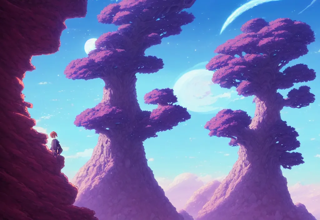 Prompt: a lonely giant alien tree on a cliff, rocks, two moons in the sky, intricate oil painting, high detail illustration, sharp high detail, manga and anime 1 9 9 9, official fanart behance hd artstation by jesper ejsing and makoto shinkai, 4 k,