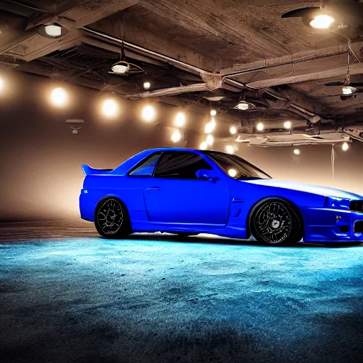 Image similar to electric blue R34 skyline, photography, 4k, volumetric lighting