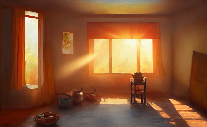 Image similar to happy morning and the rays of the morning sun shining through the window of the village house clear sky, warm colors, silent mood, oil painting, high detail, trending on artstation