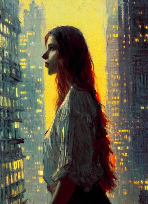 Image similar to portrait of a beautiful girl, new york backdrop, sad, sunset shades, beautiful face, rule of thirds, intricate outfit, spotlight, by greg rutkowski, by jeremy mann, by francoise nielly, by van gogh, digital painting