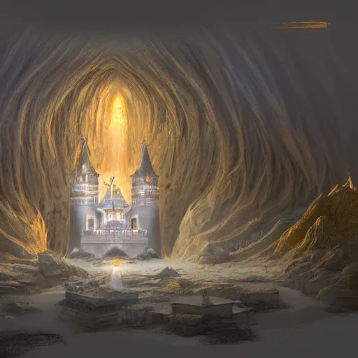 Image similar to The royal castle of a sacred family hidden at the bottom of a large sand cavern. A ray of light shines on the castle from above. Concept art, trending on artstation, matte painting