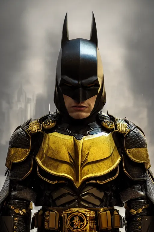 Prompt: dark knight in gold armor, ornate, cinematic lighting, 4 k, hyper - realistic, focused, high detail, photorealistic, extreme detail, octane render, artstation, unreal engine