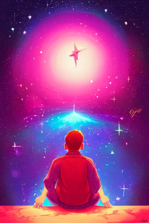 Prompt: a kid sit in the fool watching the starry sky, sideview, masterpiece epic retrowave art, trending on art station