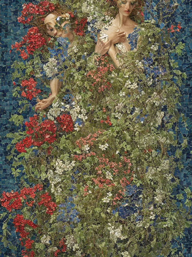 Prompt: flowers and creeping vines, byzantine mosaics art by james jean, denis sarazhin, ryohei hase, thomas kinkade