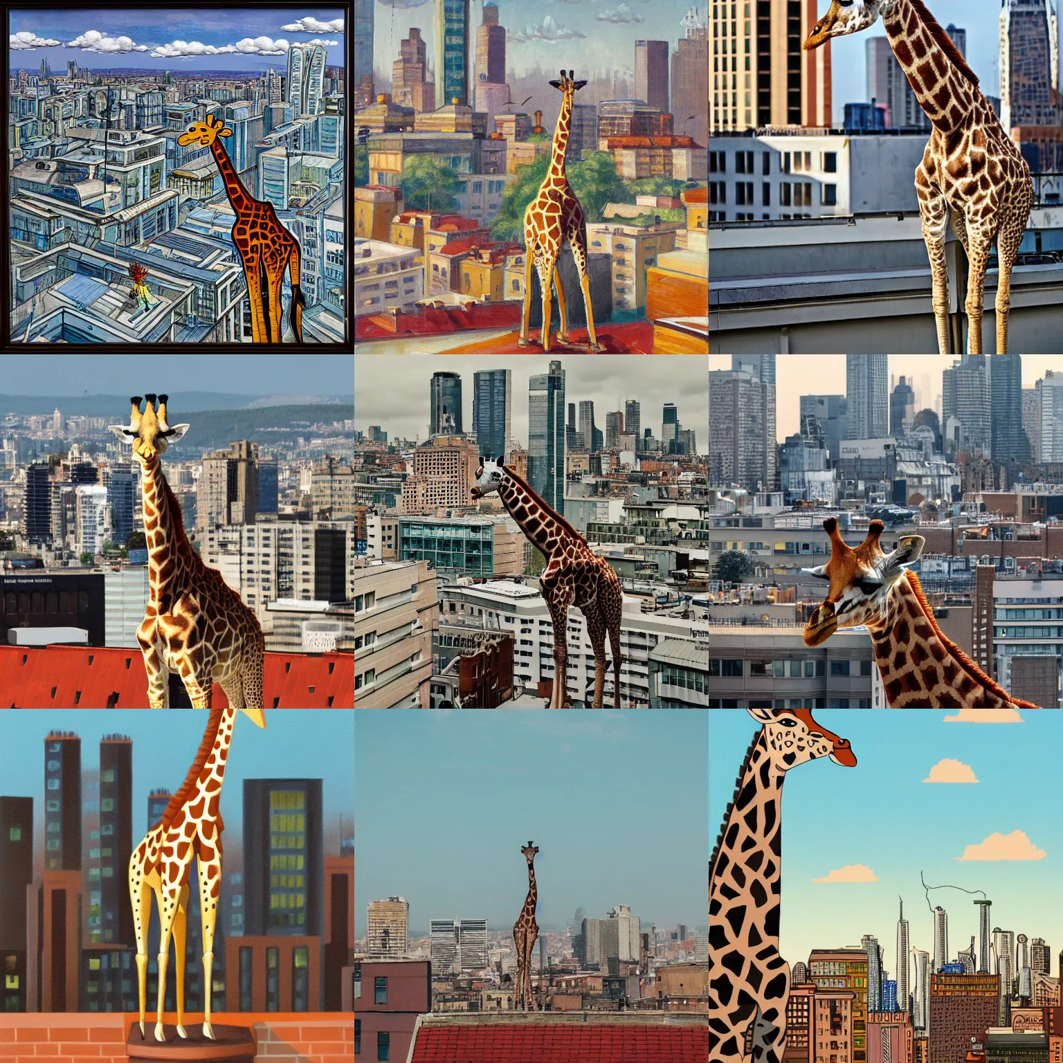 Prompt: giraffe standing on the rooftop, cityscape