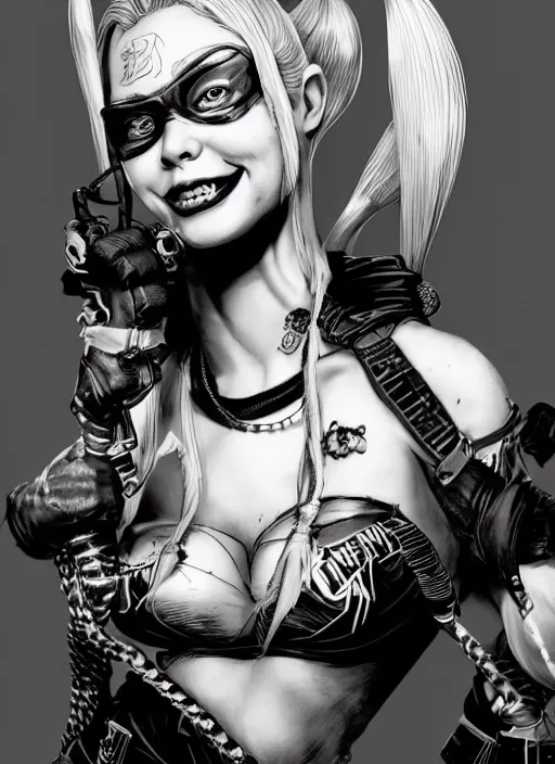 Image similar to highly detailed ink illustration of harley quinn, unreal engine, octane render, b & w clean shaped illustration by kim jung gi, ron english and eiichiro oda