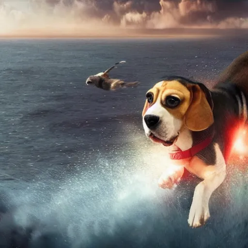 Image similar to gigantic 1 0 0 meters beagle dog fighting with godzilla over the sea, epic cinematic, 4 k, very high detail