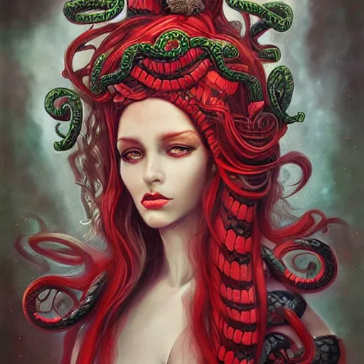 Image similar to realistic mythological greek medusa with red snakes on the head full body, by anna dittmann